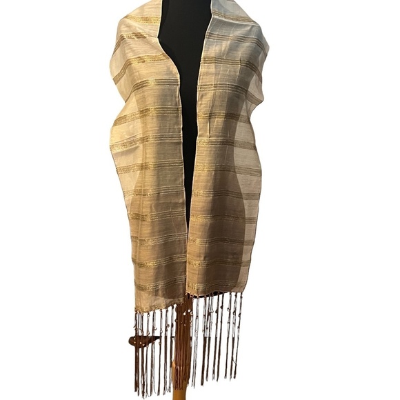 NWOT Striped Gold & Beige Print Long Fringed and Shell  Silk Scarf - Picture 2 of 8